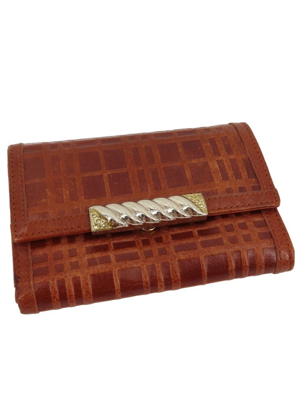 Tucano Brown Plaid Check Embossed Leather Folding Wallet Gold Silver Tone Metal